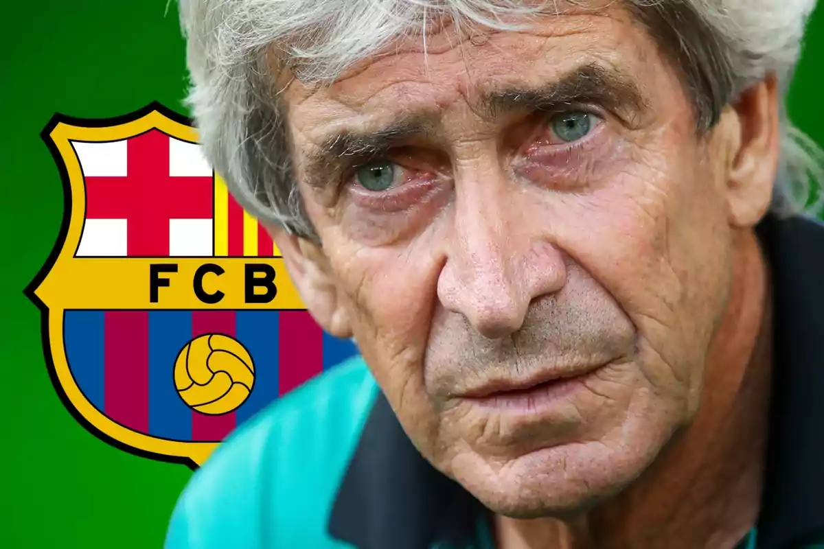 An older man with gray hair and a serious expression, with the FC Barcelona shield in the background.