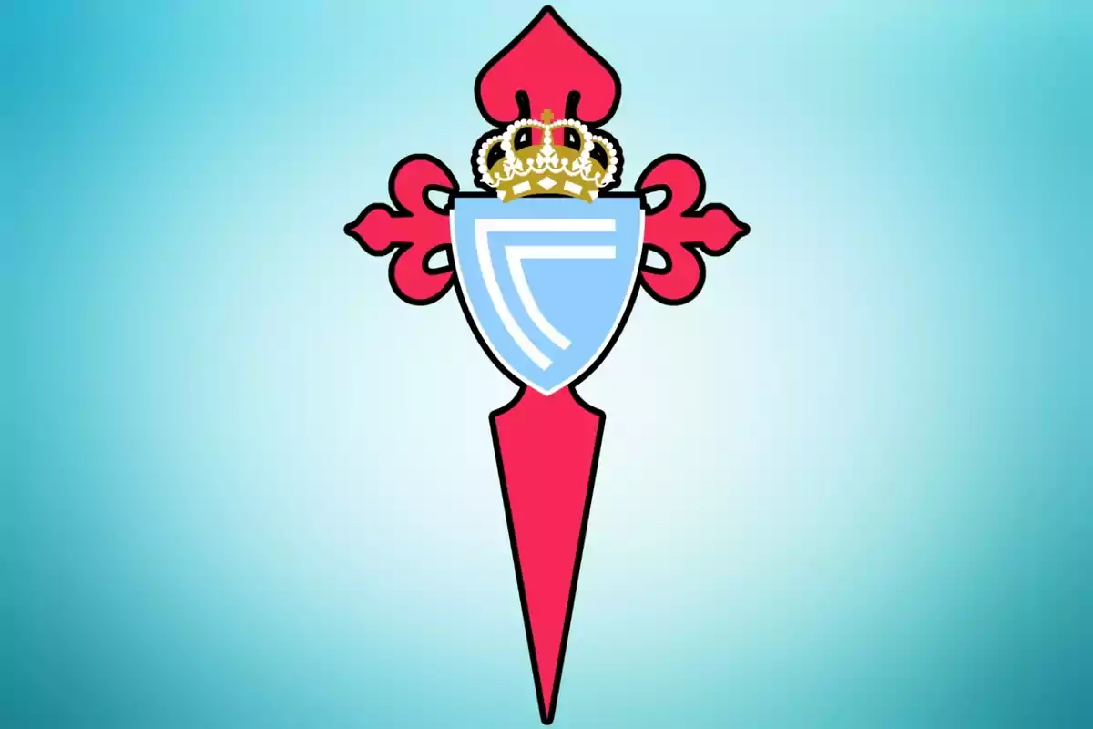 Shield of a football team with a red cross and a crown on a light blue background.