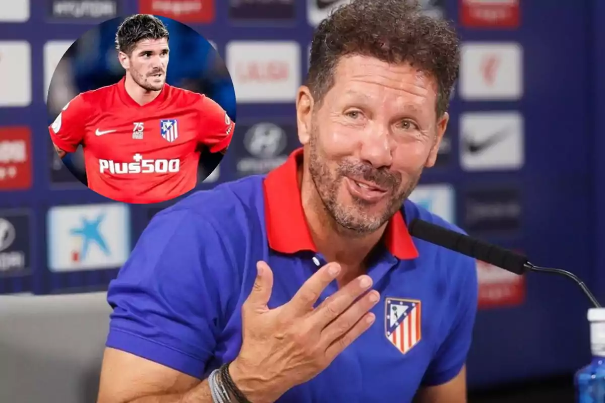 A man wearing an Atlético de Madrid shirt speaking at a press conference, with an image of a player from the team in the upper left corner.