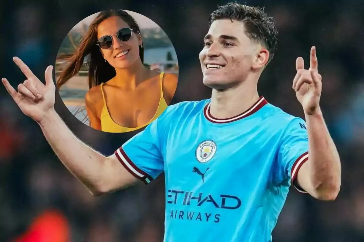 A soccer player wearing a Manchester City shirt celebrates with his hands raised while an image of a woman wearing sunglasses and a yellow dress appears in an overlapping circle.