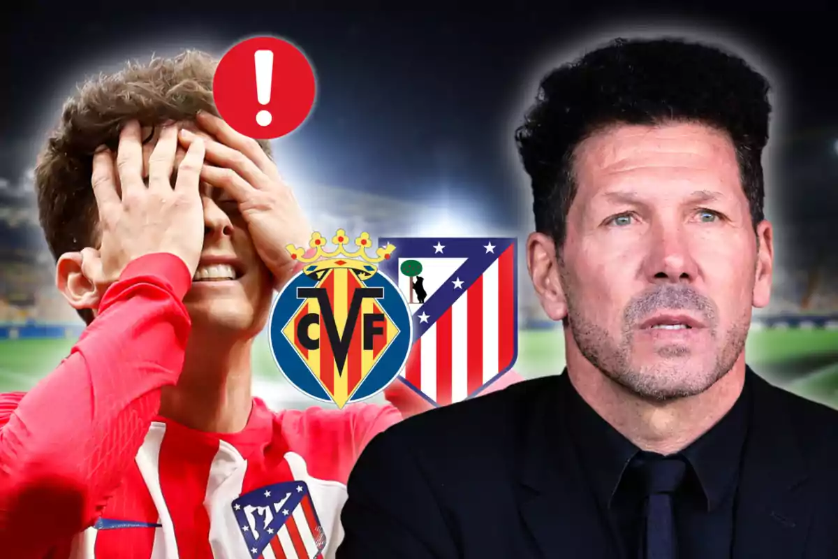 An Atlético de Madrid player covers his face with his hands in frustration, while a coach of the team looks on with a serious expression; in the background, the crests of Villarreal CF and Atlético de Madrid can be seen.