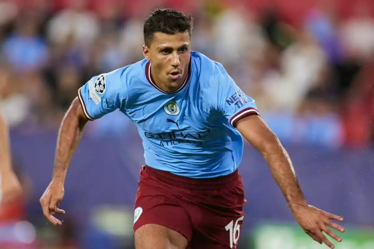 Soccer player in blue and red uniform in action during a match.