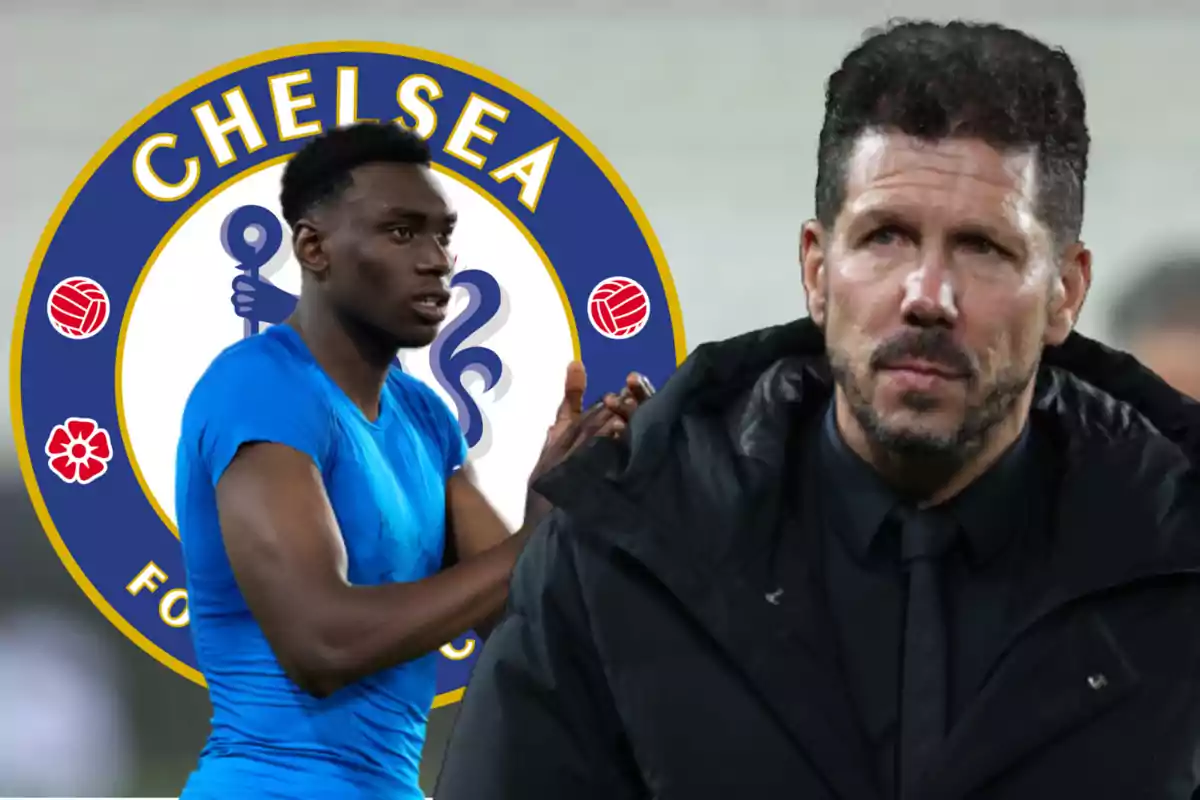 Image of Samu Omorodion and Simeone in a montage with the Chelsea shield