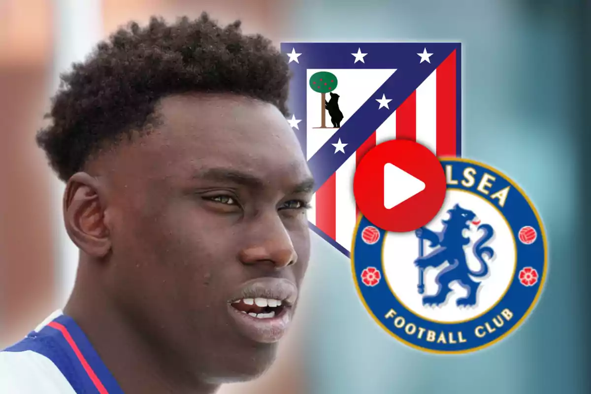 A football player with the logos of Atletico Madrid and Chelsea FC in the background.