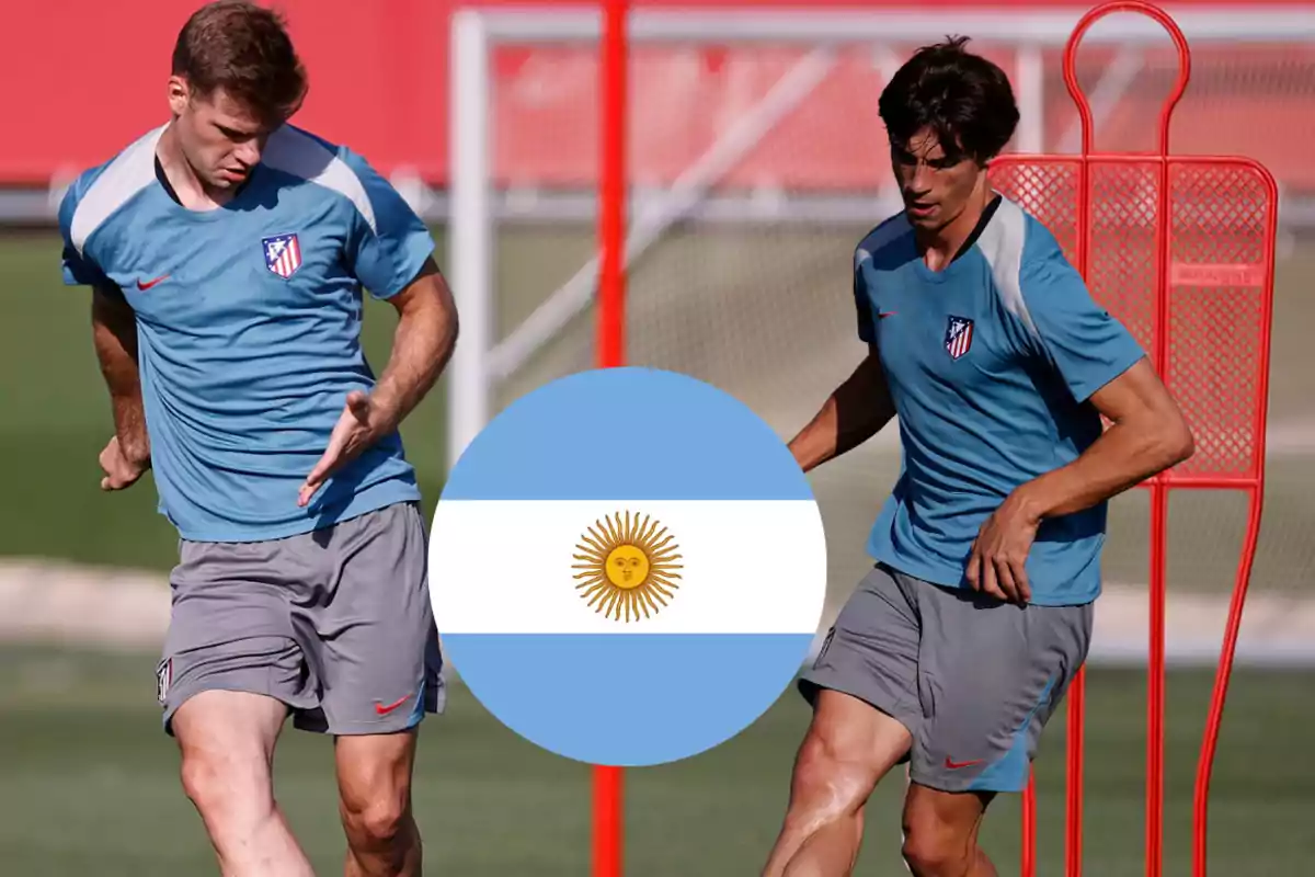 Two footballers training with the Atlético de Madrid shirt, with the Argentine flag superimposed in the center.