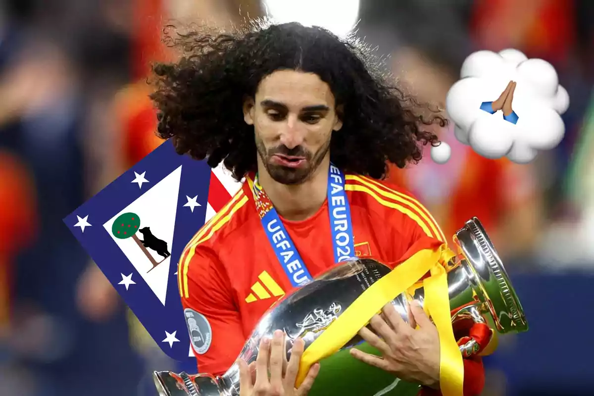 A soccer player wearing a Spain jersey holds a UEFA Euro 2020 trophy, with a flag background and a praying hands emoji in a thought bubble.