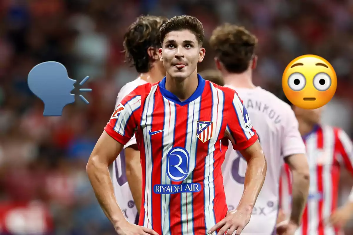 Football player wearing Atlético de Madrid shirt on the field, with emojis of a surprised face and a talking head.