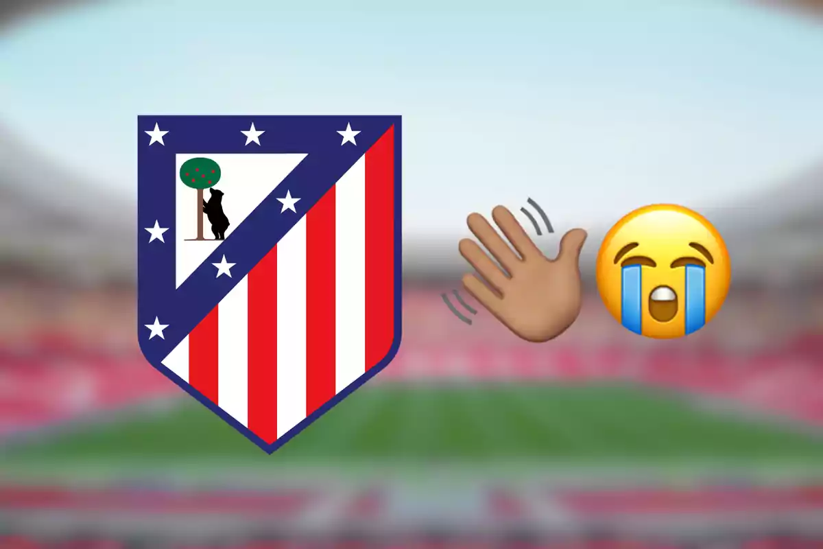 Atlético de Madrid crest alongside a waving hand emoji and a crying emoji on a blurred stadium background.