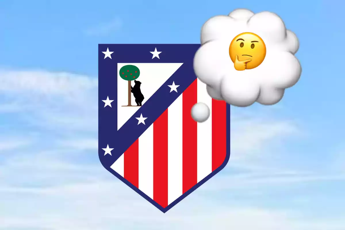 Atlético de Madrid crest with a thinking emoji on a blue sky background.