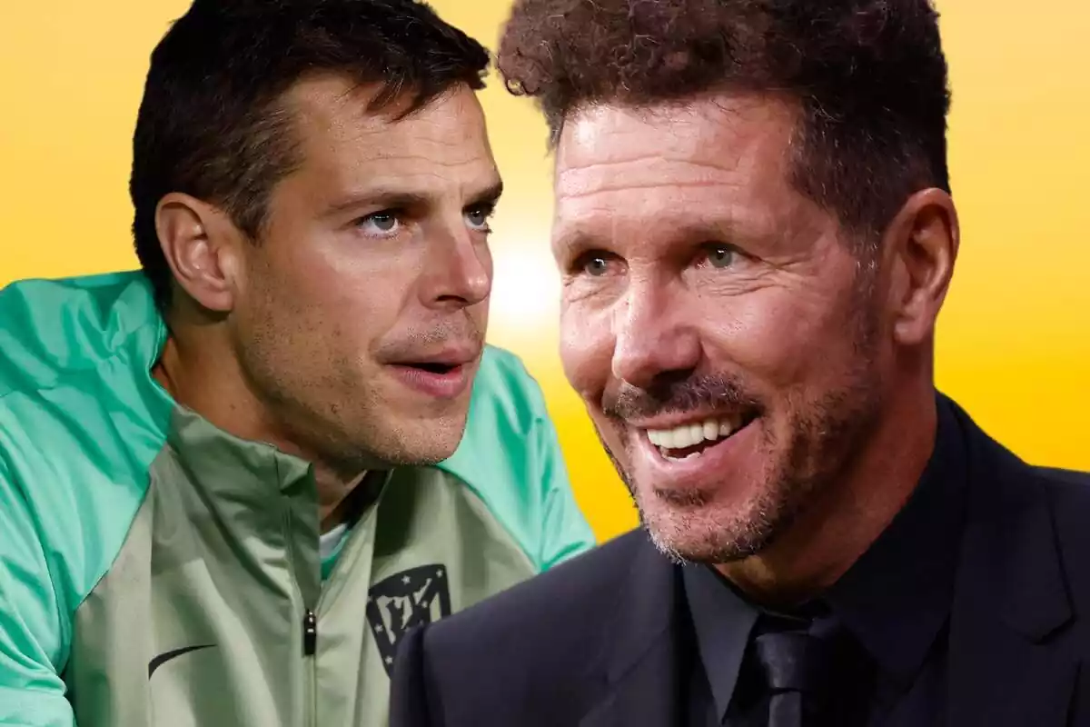 Simeone with a big smile looking to the side with Azpilicueta with an angry face