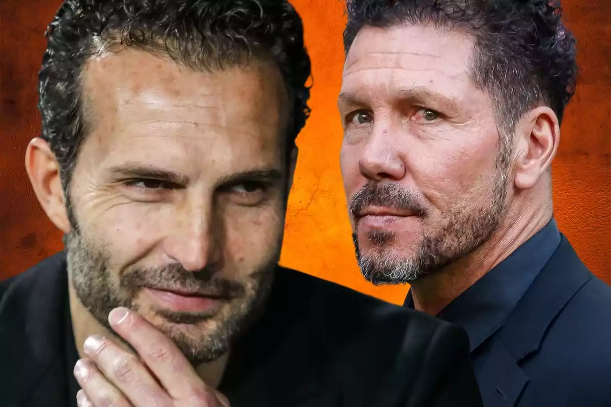 Two men with beards and curly hair, one of them with his hand on his chin, on an orange background.