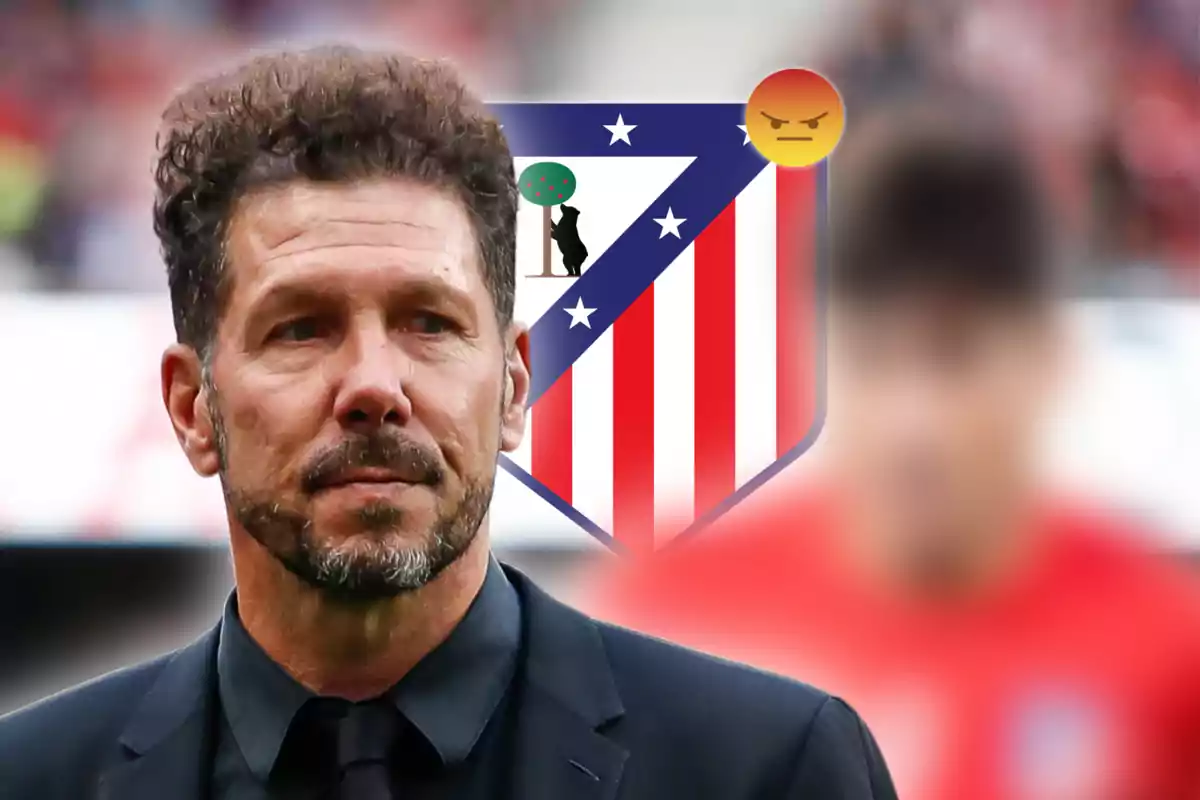 A man in a dark suit in front of the Atlético de Madrid crest and an angry emoji.