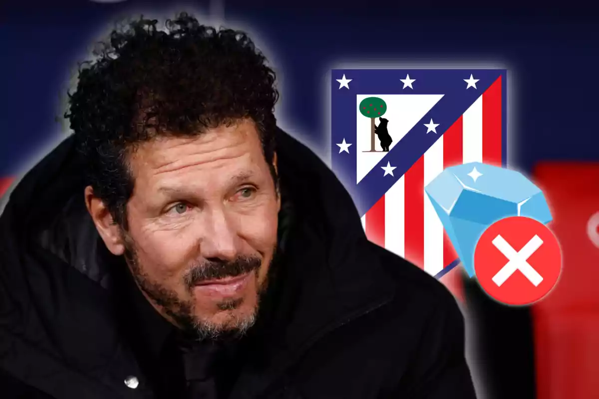 A bearded man with curly hair looks to the side, with the Atlético de Madrid crest and a diamond icon with a red cross in the background.