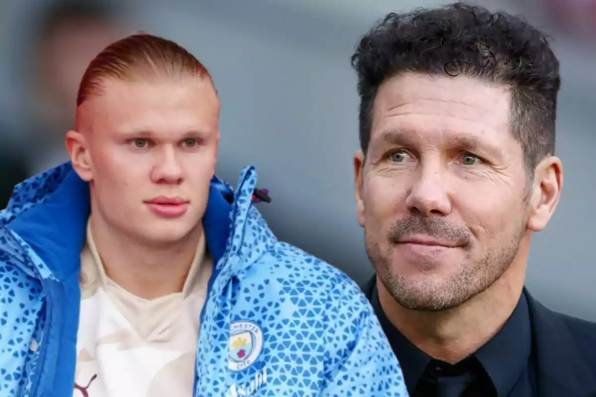 Two men, one in a blue jacket and the other in a black suit, look in opposite directions.