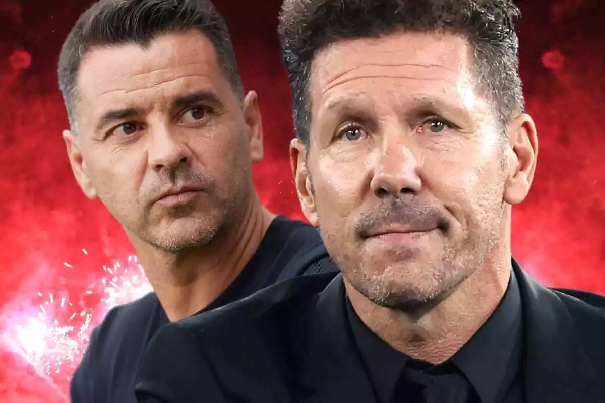 Simeone and Míchel, face to face, on a background full of red smoke