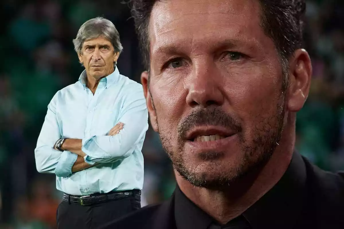 Simeone in the foreground with Manuel Pellegrini in the background with his arms crossed