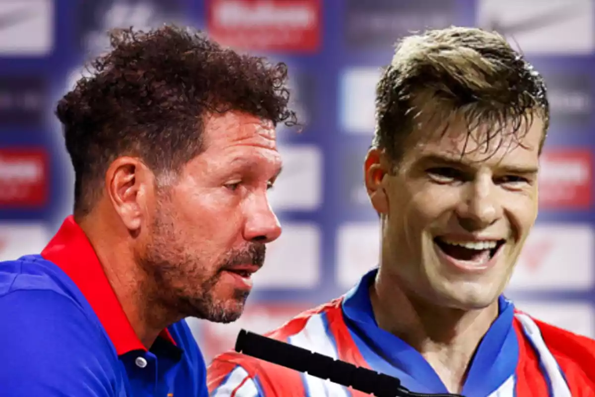 Two men at a press conference with logos in the background.