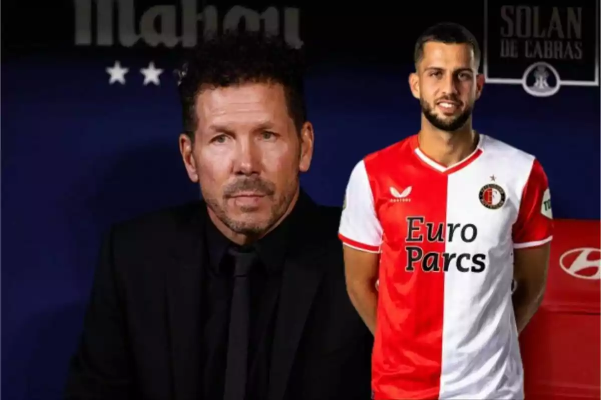 Two men, one in a black suit and the other in a red and white football shirt, pose in front of a dark background with logos.