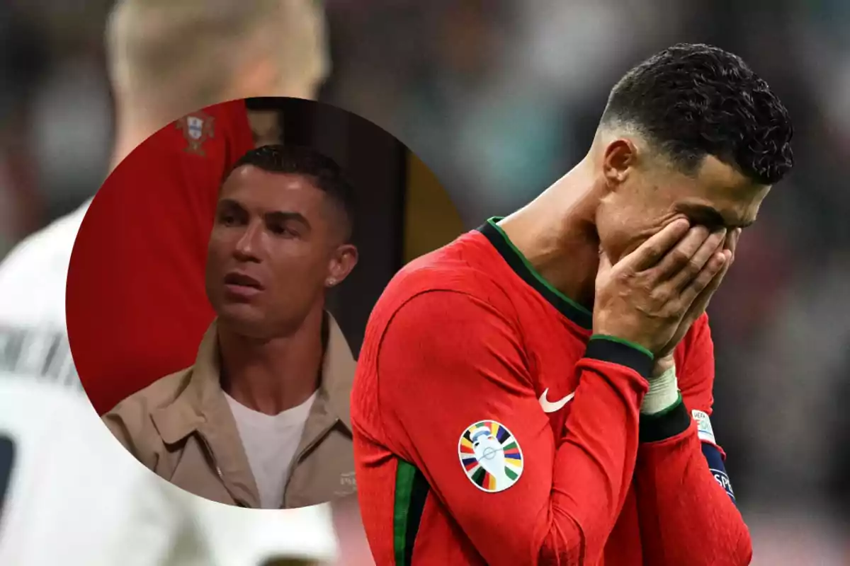 A soccer player wearing his national team uniform covers his face with his hands in a sad gesture, while a frame shows another image of the same player with a serious expression.