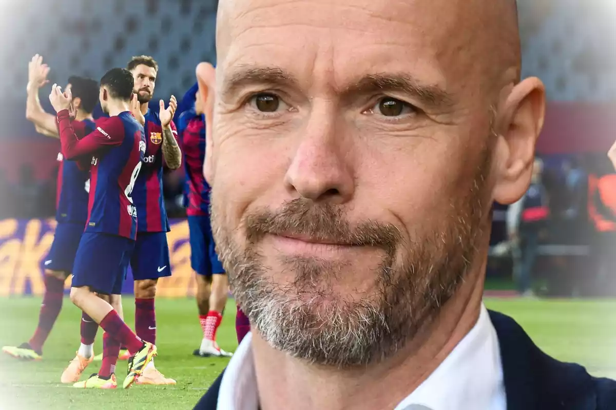 Erik ten Hag in the foreground with the FC Barcelona players in the background applauding