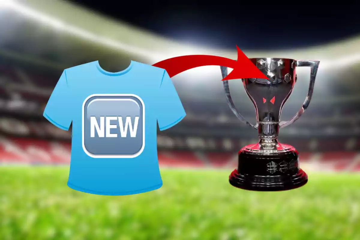 Blue t-shirt with the word "NEW" and a red arrow pointing to a trophy in a football stadium.