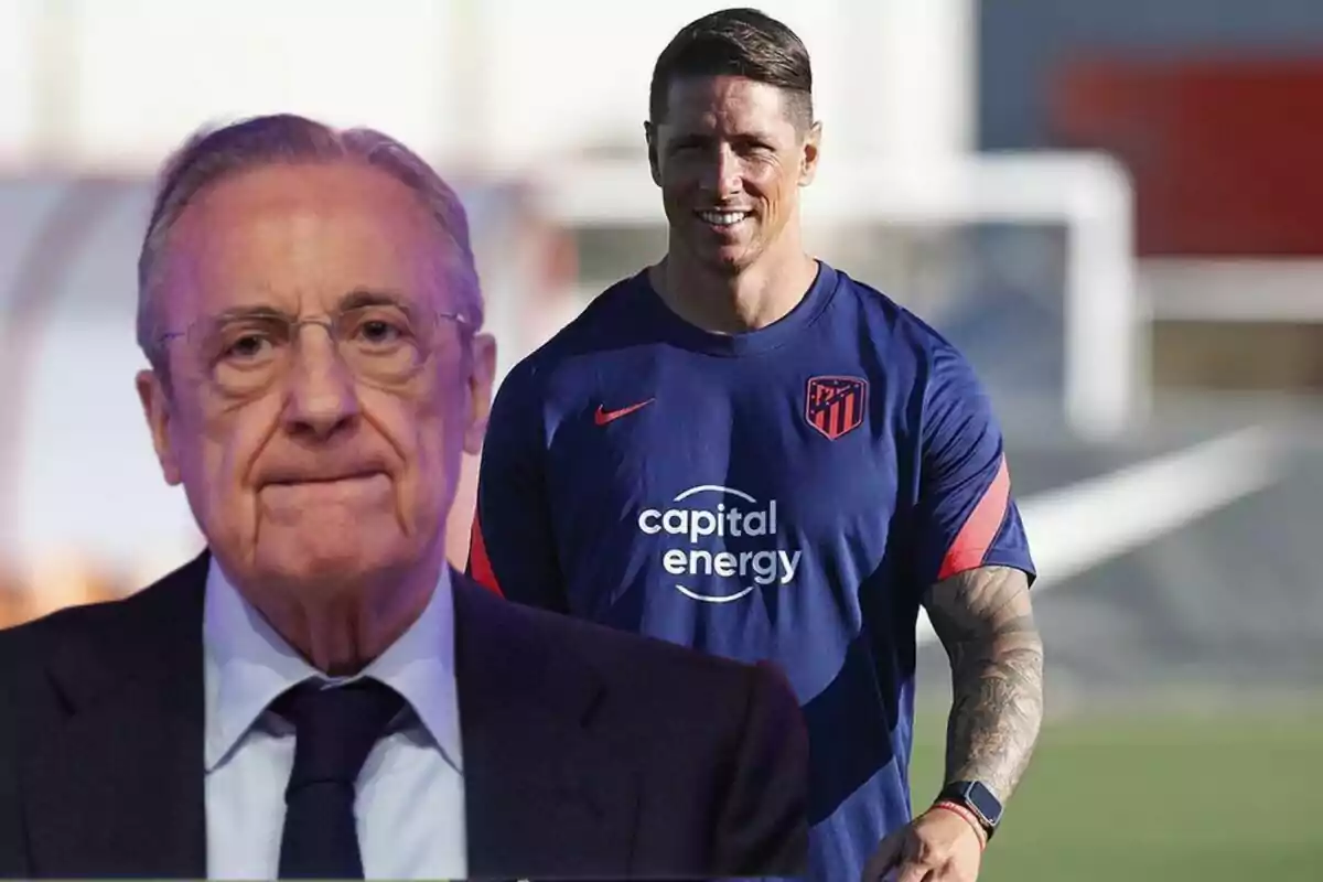 Two men, one in a suit and tie and the other in an Atlético de Madrid sports shirt, pose in a composite image.