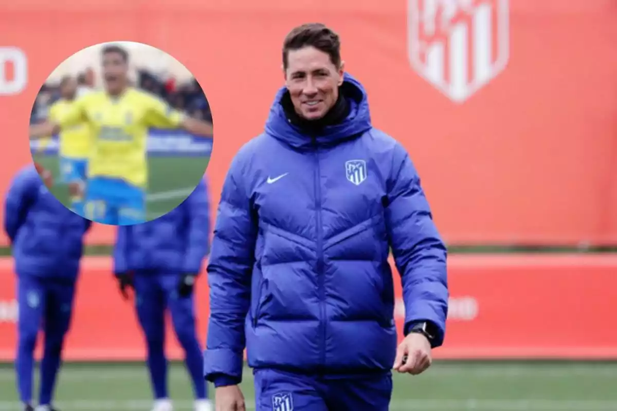 A coach in a blue Atletico Madrid jacket smiles as he walks on a training pitch, with an inset showing a player celebrating a goal.