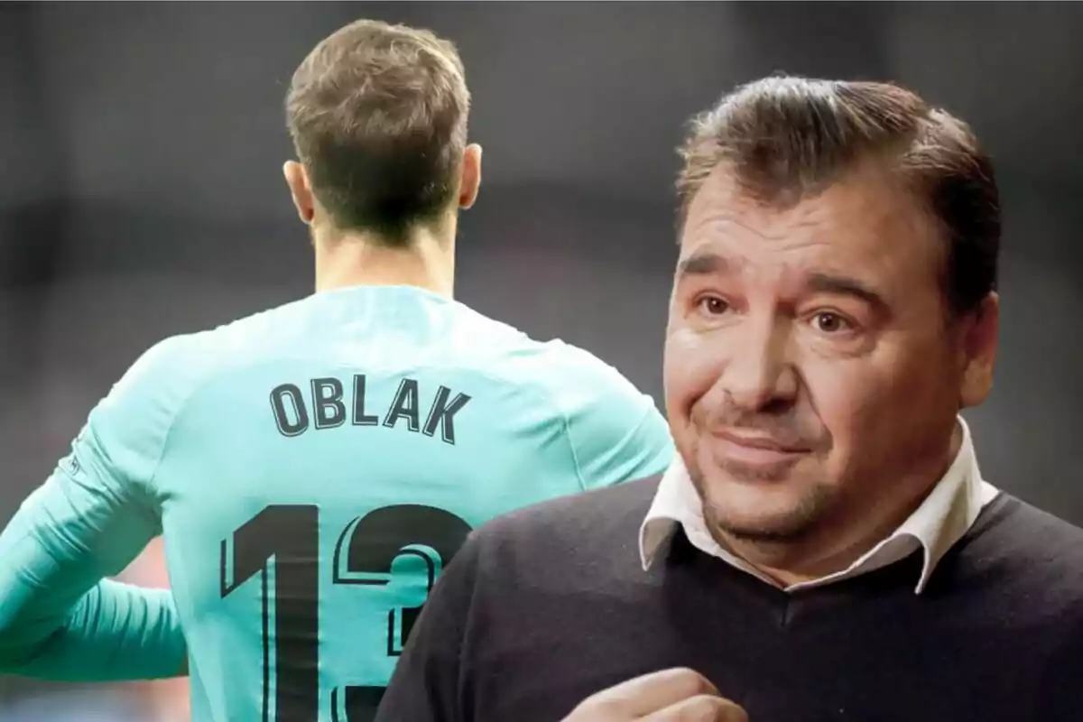 A football player with the name "OBLAK" on his jersey and the number 13 on his back next to a middle-aged man with a serious expression.