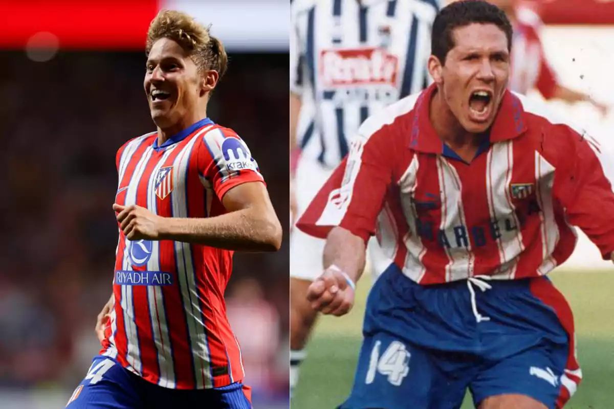 Two footballers wearing the Atlético de Madrid shirt celebrating at different times.